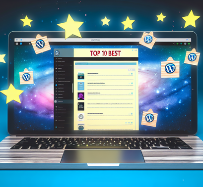 alt_text: Laptop showing WordPress dashboard with floating plugin icons, stars, and bold "Top 10 Best" title.