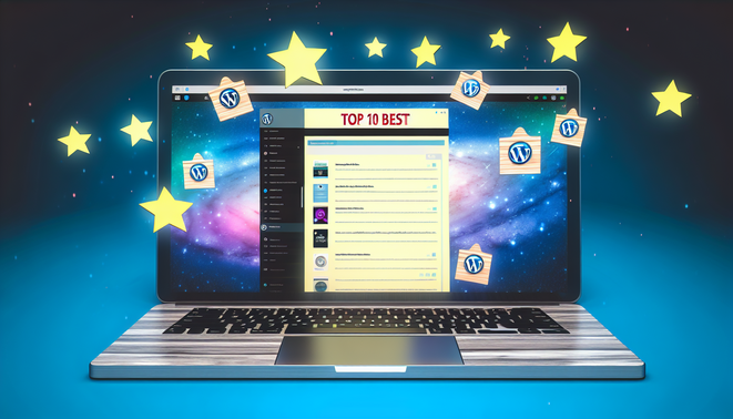alt_text: Laptop showing WordPress dashboard with floating plugin icons, stars, and bold "Top 10 Best" title.